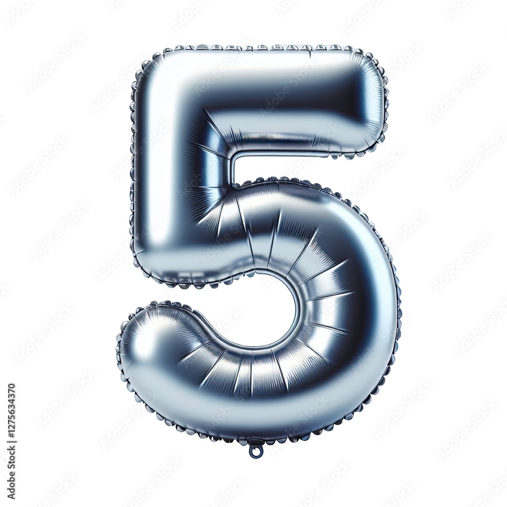 Silver Number 5 Balloon, Shiny metallic foil balloon shape party decoration, isolated on transparent cutout PNG Silver Number 5 Balloon, Shiny metallic foil balloon shape party decoration, isolated on transparent cutout PNG