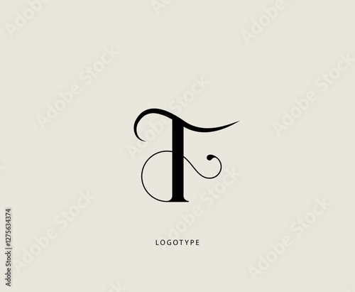 Letter "F" or "T" vector logo. Elegant minimalist icon. Classic logotype with thin lines and curls.