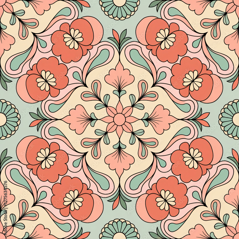 Fototapeta premium Seamless Floral Pattern with Symmetric Ornamental Design