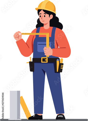 Construction worker measuring with a yellow tape, wearing a hard hat and tool belt, in a flat minimal style vector illustration