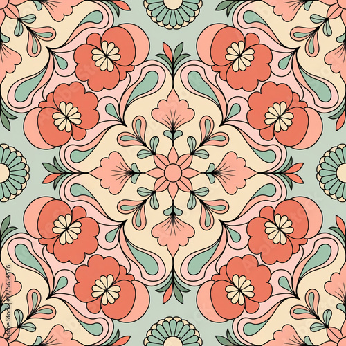 Seamless Floral Pattern with Symmetric Ornamental Design
