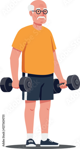 Older man lifting dumbbells in a flat style workout scene showcasing strength and determination in a bright and vibrant vector illustration