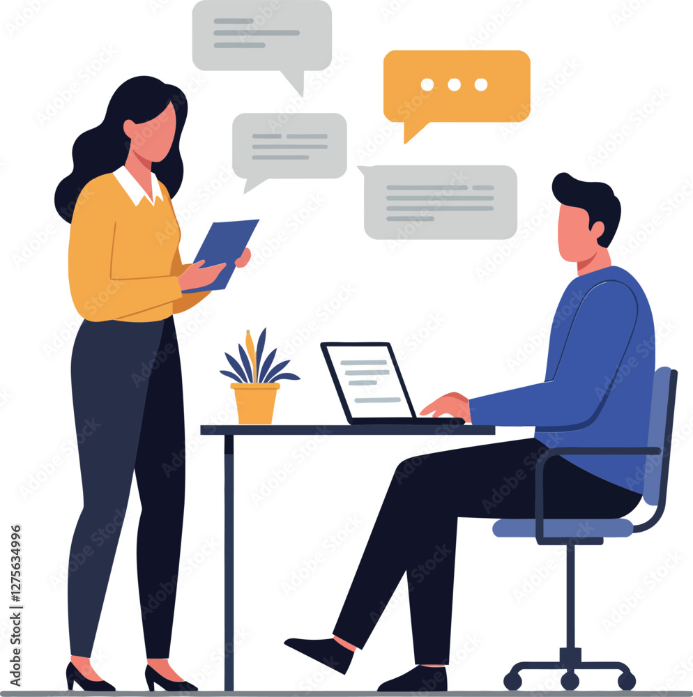 Two professionals engaged in a discussion at a modern workspace featuring flat design elements and vibrant colors in vector illustration Two professionals engaged in a discussion at a modern workspace featuring flat design elements and vibrant colors in vector illustration