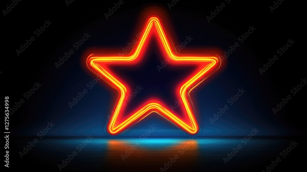 Fototapeta premium Neon orange star sign glowing in dark room with blue hue