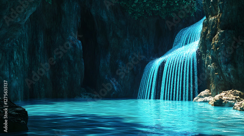 Serene waterfall cascading into tranquil pool, lush greenery surrounding tranquil waters, ideal for nature relaxation themes.