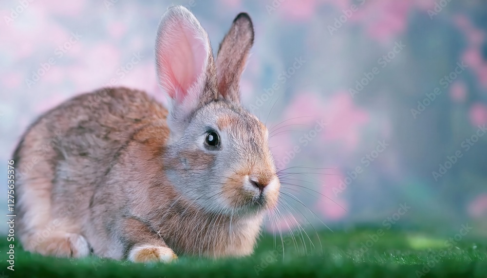 Fototapeta premium Firefly rabbit poses gracefully on green grass with colorful background