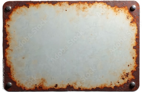 Rusty blank metal sign with grunge texture. Old frame background isolated on white. Vintage antique banner. Empty textured panel surface with weathered border