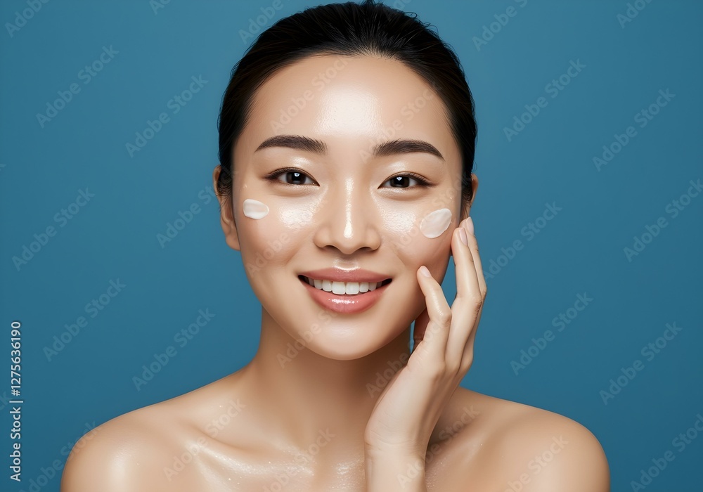 Smiling asian woman with glowing, hydrated skin on blue background