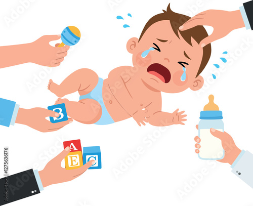 A distressed baby crying while being offered toys, a bottle, and attention in a flat vector illustration depicting parental care and concern