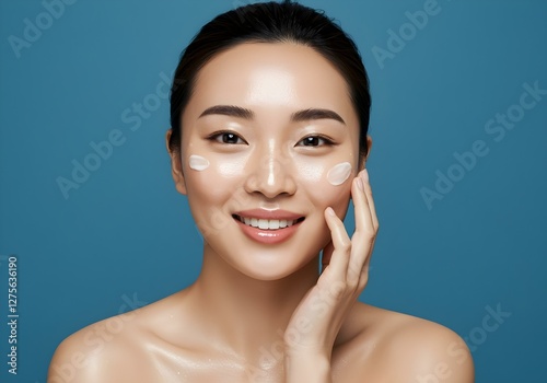 Obraz na płótnie Smiling asian woman with glowing, hydrated skin on blue background w salonie