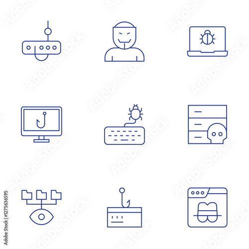 Hacker icons set. Thin Line style, editable stroke. anonymous, bug, cyber attack, database, fishing, hacker, phishing, spy