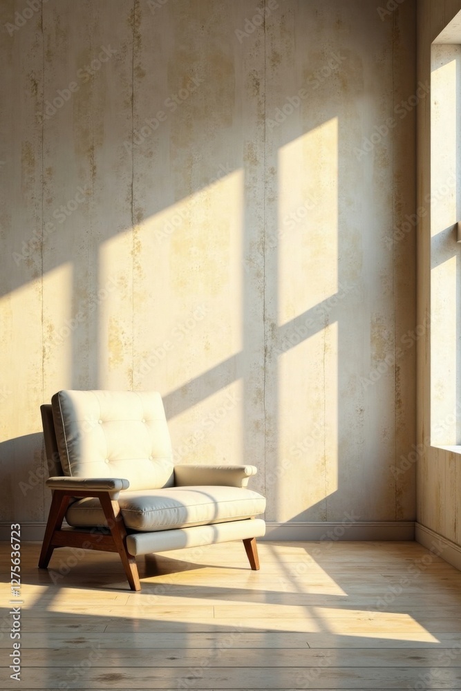 Fototapeta premium Sunlight Illuminates a Modern Armchair in a Room with a Textured Wall