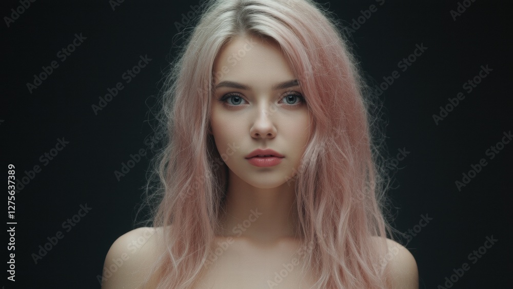 Fototapeta premium Portrait of a young woman with pastel hair highlighting individuality and beauty in a minimalistic setting