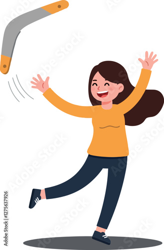A cheerful girl joyfully tossing a colorful boomerang in a flat, minimal design style showcasing outdoor playfulness and excitement in vector art