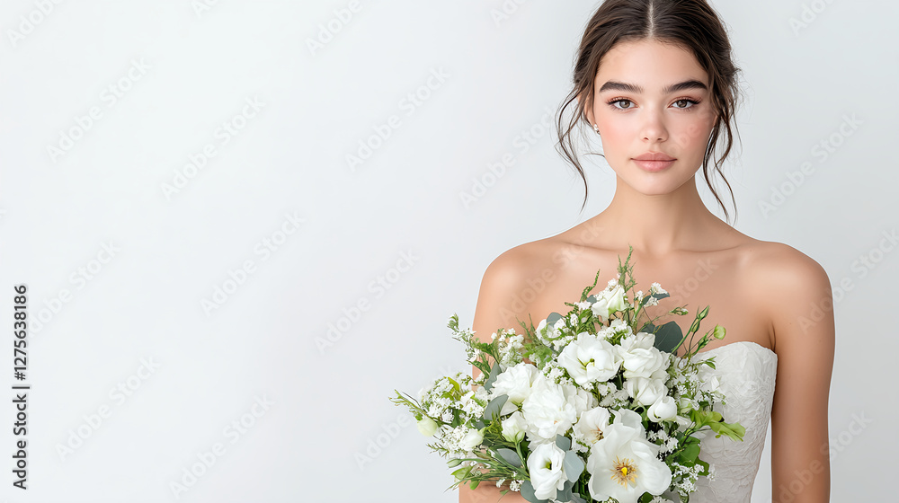 Elegant bride holding bouquet of white flowers in modern studio Elegant bride holding bouquet of white flowers in modern studio
