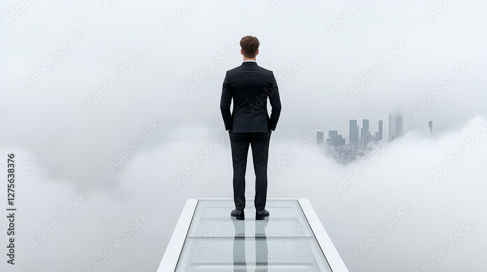 Obraz premium businessman stands confidently on glass bridge above clouds, overlooking city