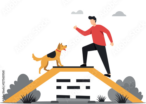 A man enthusiastically training his golden dog on a colorful agility ramp in a cheerful and playful flat vector illustration