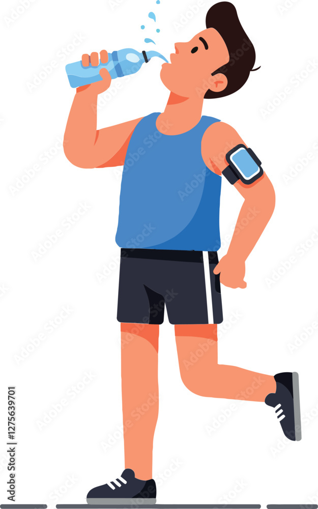 Athletic man wearing blue tank top and black shorts drinking water while running in a healthy lifestyle setting, flat vector illustration Athletic man wearing blue tank top and black shorts drinking water while running in a healthy lifestyle setting, flat vector illustration