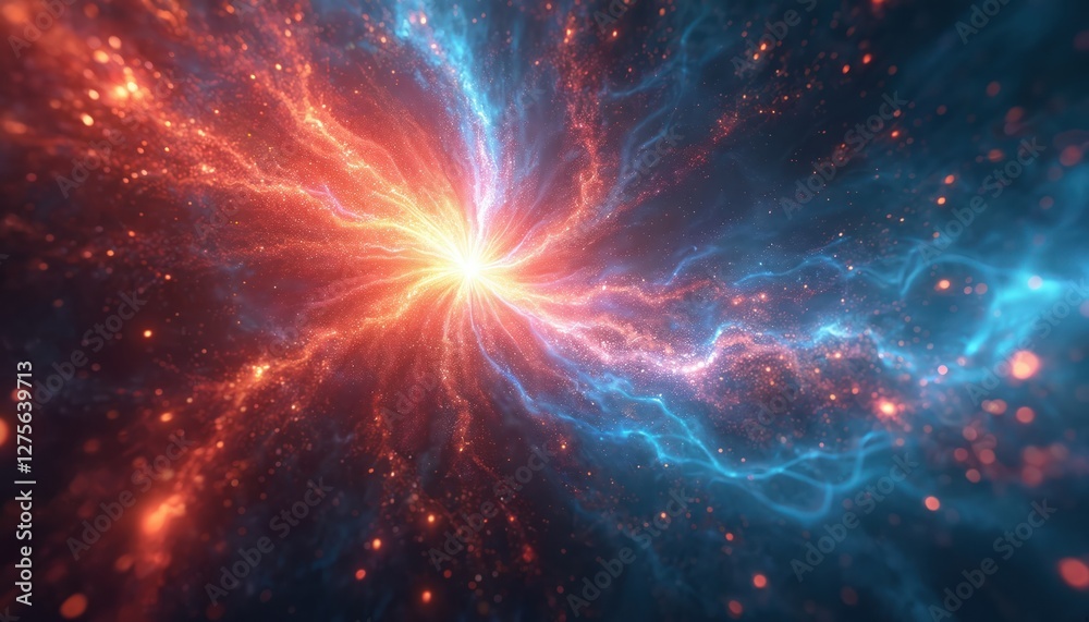 Cosmic energy explosion digital art. Universe abstract view, connecting things with circuits. Aethereal vibrant atmosphere. Concept of dynamic interaction, exploration, synergy, potential, Cosmic energy explosion digital art. Universe abstract view, connecting things with circuits. Aethereal vibrant atmosphere. Concept of dynamic interaction, exploration, synergy, potential,