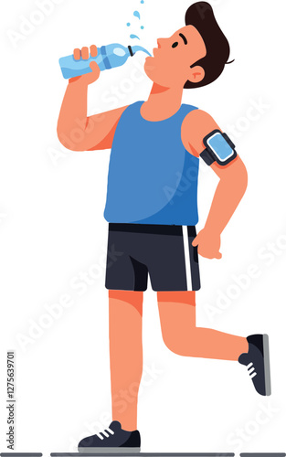 Athletic man wearing blue tank top and black shorts drinking water while running in a healthy lifestyle setting, flat vector illustration