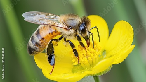 Stunning Close-Up of Honey Bee Collecting Nectar from Flower