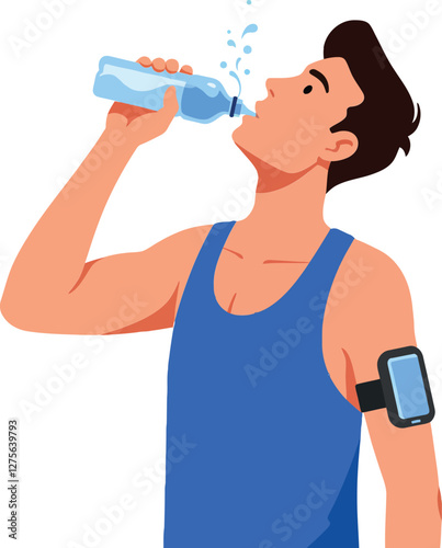 Athletic man in blue tank top drinking water from a bottle, minimal style, refreshing and energetic mood, vector illustration