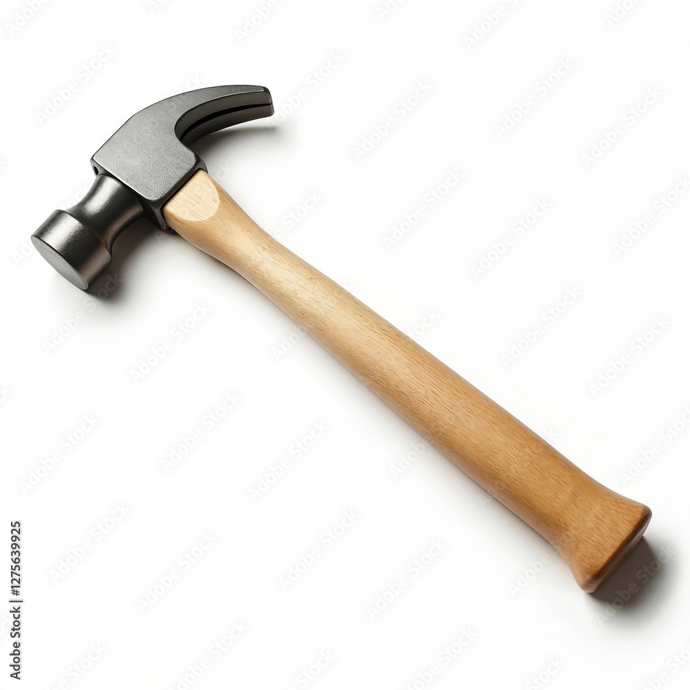 The image shows hammer with wooden handle and steel head isolated on white background. It is construction equipment for hammering nails, wood work, repair. DIY tool. The image shows hammer with wooden handle and steel head isolated on white background. It is construction equipment for hammering nails, wood work, repair. DIY tool.