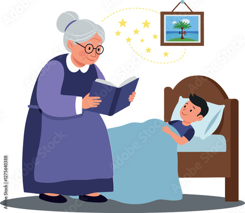 A caring grandmother reading a bedtime story to her young grandson in a cozy bedroom with minimalistic vector art