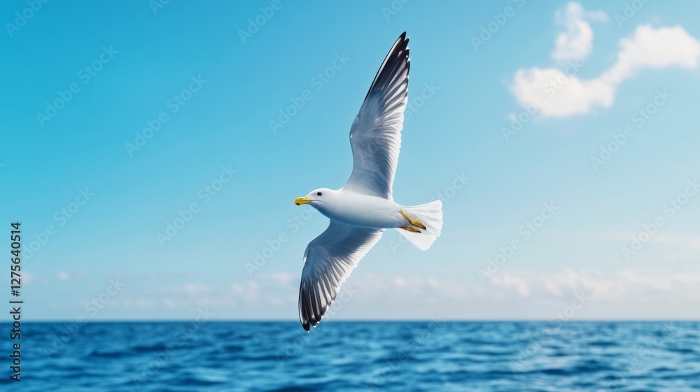 Seagull Soaring Over the Ocean Under Bright Blue Sky Seagull Soaring Over the Ocean Under Bright Blue Sky
