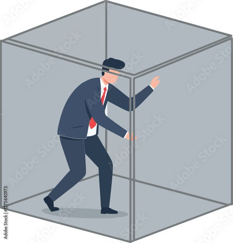 A businessman in a suit trapped inside a transparent cube, showcasing minimal design style, conveying a sense of confinement and struggle in vector illustration