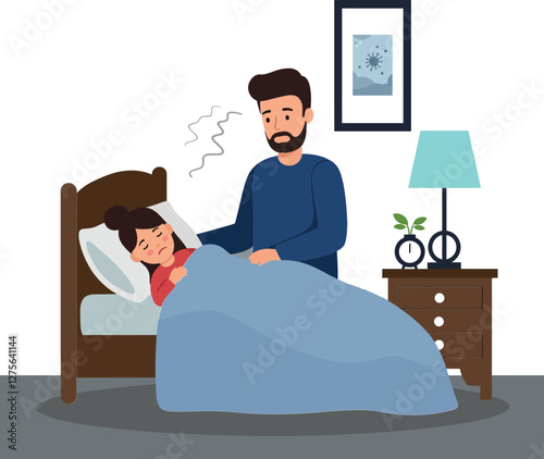 Caring father tucking in his daughter under a cozy blue blanket in a minimal and flat vector illustration