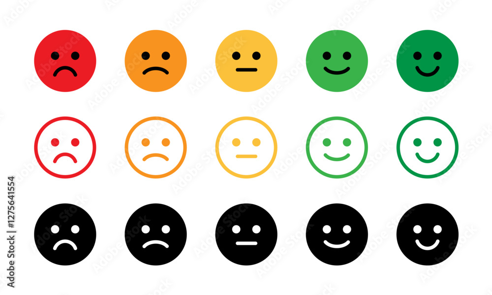 Customer satisfaction feedback rating emoticon vector icon set, good bad happy sad emoji expression faces signs, smile, neutral, sad and angry symbols, outline round black white - Vector illustration. Customer satisfaction feedback rating emoticon vector icon set, good bad happy sad emoji expression faces signs, smile, neutral, sad and angry symbols, outline round black white - Vector illustration.