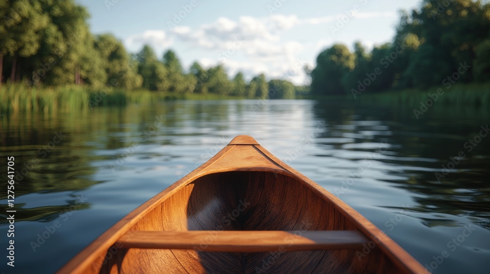 Serene Lakeside Scene with Wooden Canoe Gliding on Calm Water Under the Blue Sky Serene Lakeside Scene with Wooden Canoe Gliding on Calm Water Under the Blue Sky