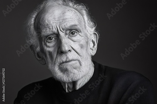 Black and white portrait of a senior man with white beard and hair, conveying wisdom and experience