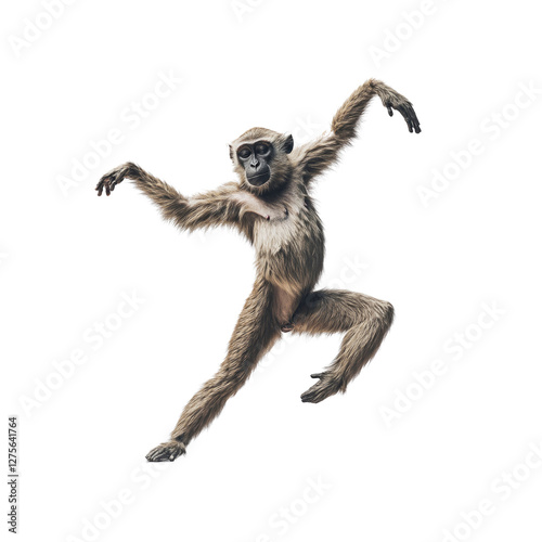 Playful Gibbon Monkey in Dynamic Pose, Isolated on White Background