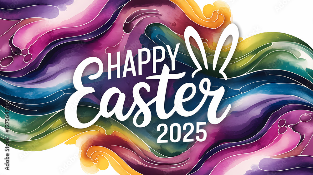 Fototapeta premium Happy Easter 2025 On Pained Water Color Swirls