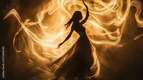 Woman dancing in golden light; artistic silhouette; abstract background