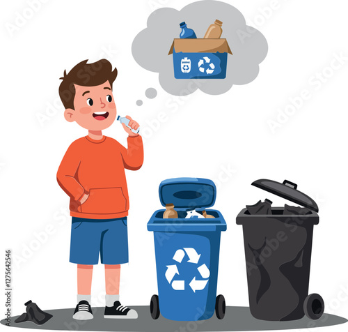 A young boy in an orange sweater thinking about recycling while standing next to blue and black trash bins in flat vector art