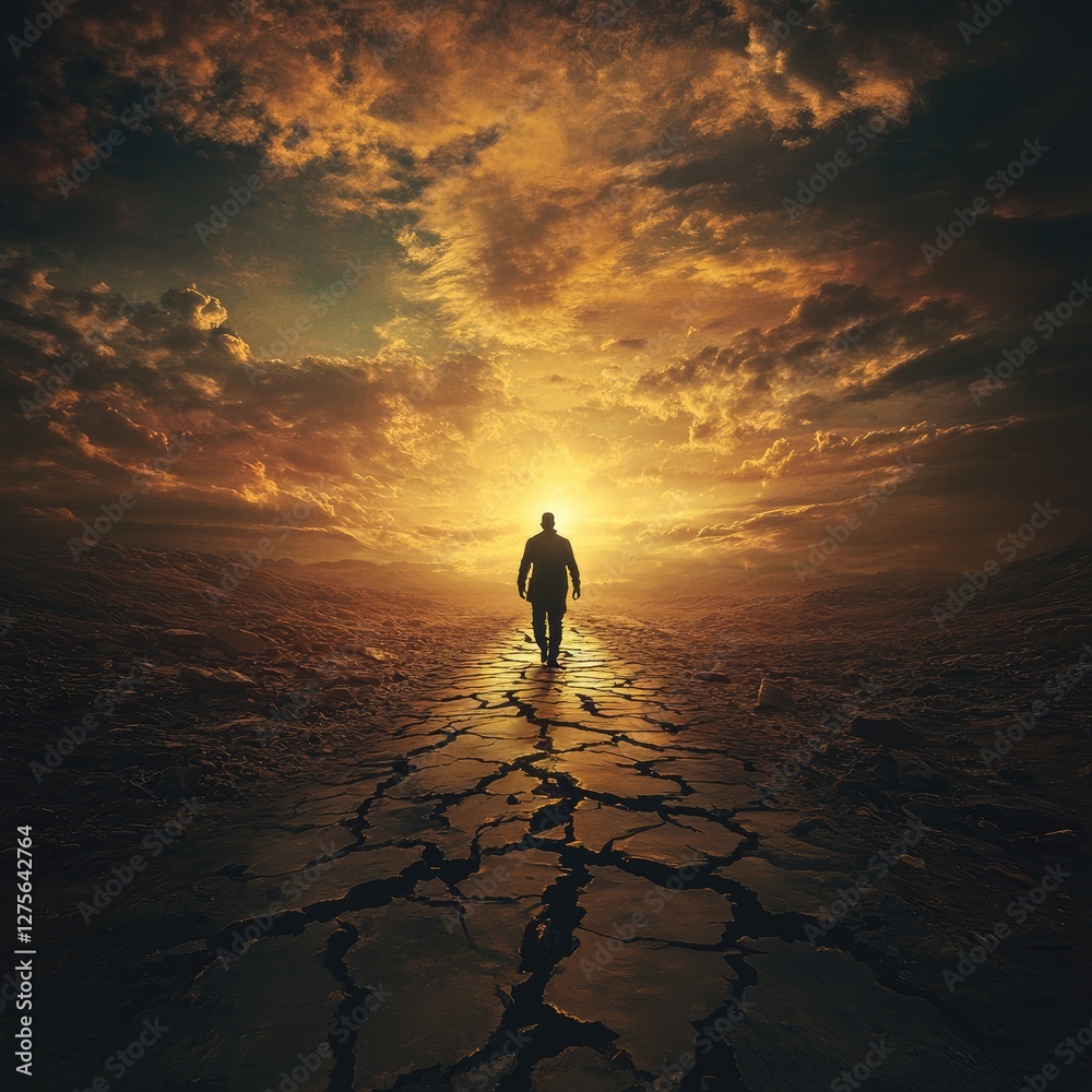 A lone man walks a fractured road toward a glowing horizon symbolizing renewal. A lone man walks a fractured road toward a glowing horizon symbolizing renewal.