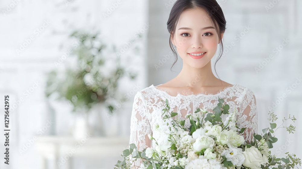 Beautiful bride holding bouquet in minimalist studio setting Beautiful bride holding bouquet in minimalist studio setting