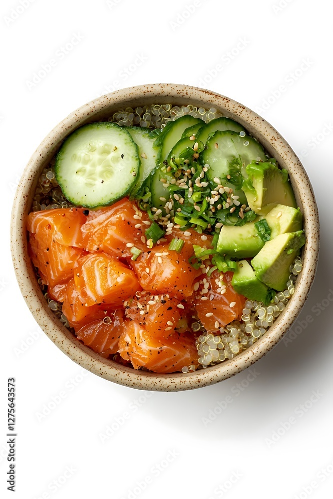 A poke bowl with succulent salmon, creamy avocado, fluffy quinoa, and crisp cucumber, isolated in a top view. A poke bowl with succulent salmon, creamy avocado, fluffy quinoa, and crisp cucumber, isolated in a top view.