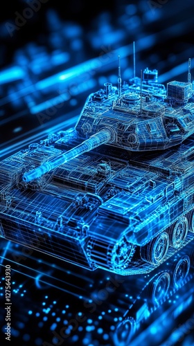 A military tank, wireframe glowing blue. digital photo