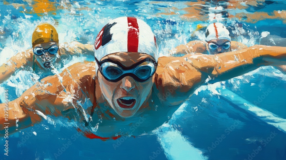 Naklejka premium Paralympic swimmers racing in lanes, focused and competitive expressions,