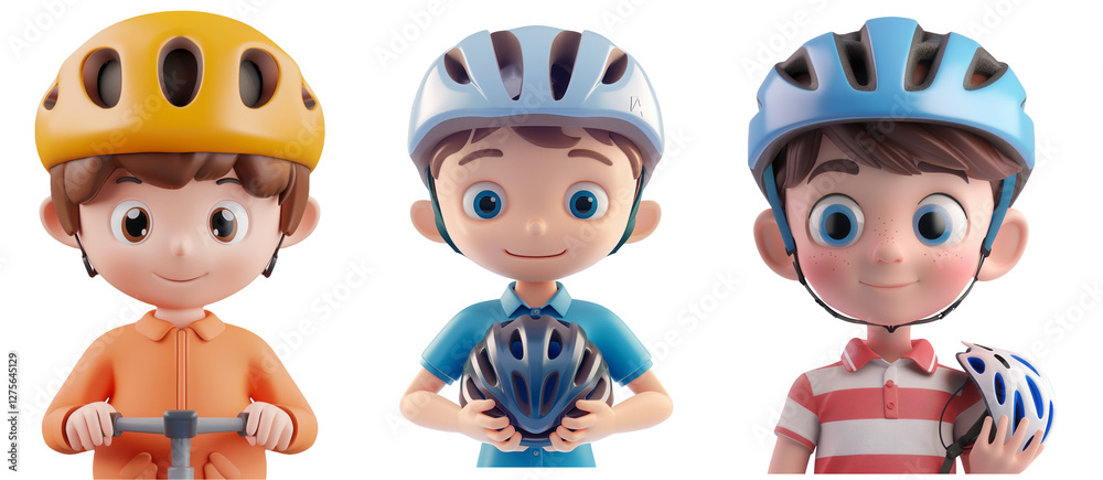 Naklejka premium Modern 3D Cycling Helmet Illustration with Boy transparents Background