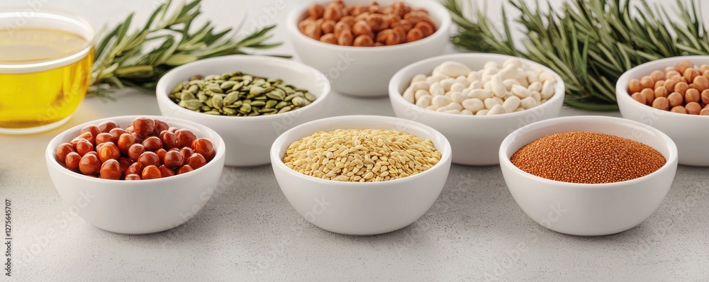 Healthy Ingredients Arranged on Table Including Oils and Various Seeds in White Bowls Healthy Ingredients Arranged on Table Including Oils and Various Seeds in White Bowls