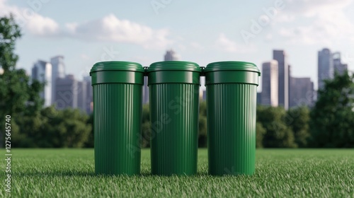 Panoramic View of Clean Park Featuring Green Trash Bins Against City Skyline Background