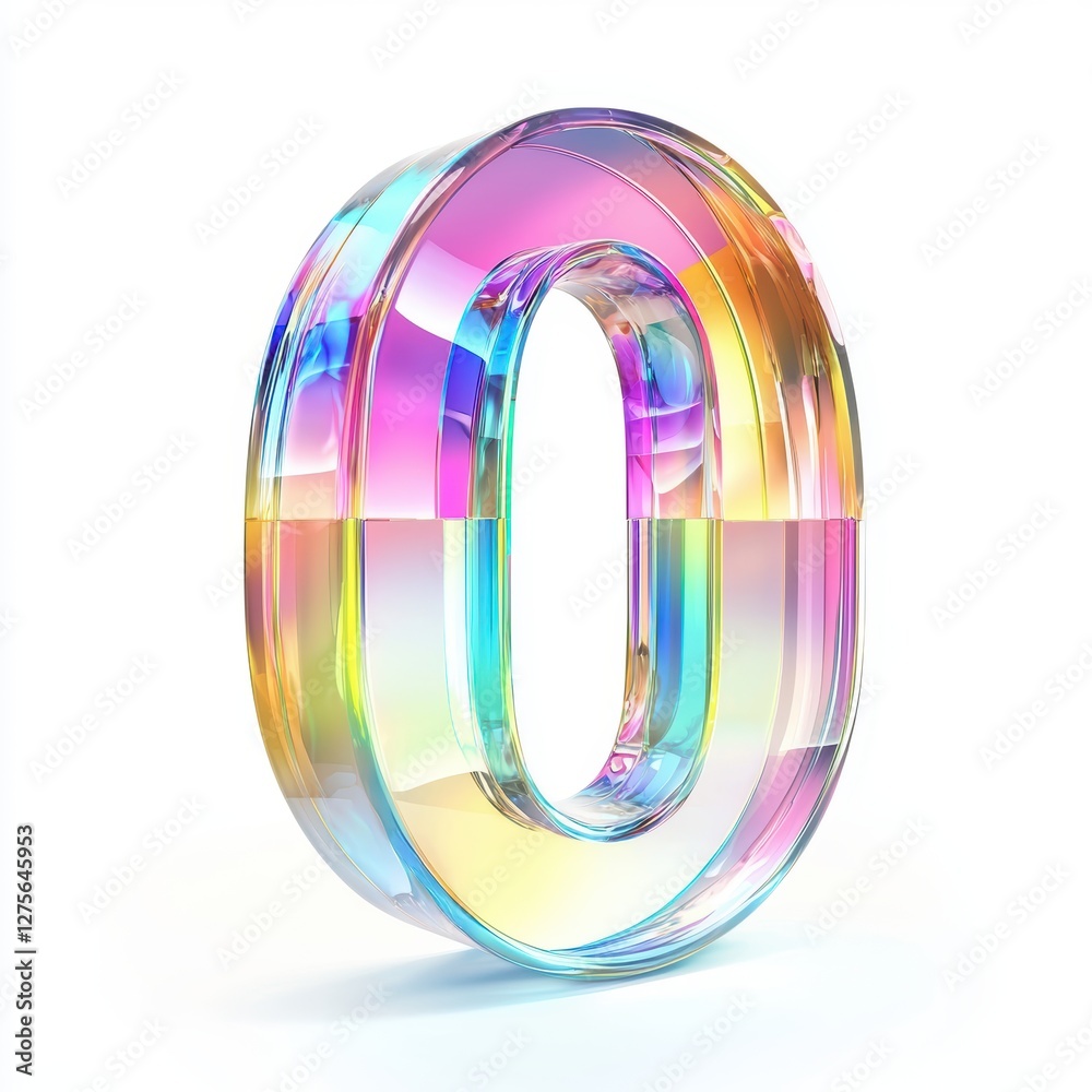 Number 0 made of transparent holographic glass with rainbow reflections isolated on a clean white background Number 0 made of transparent holographic glass with rainbow reflections isolated on a clean white background