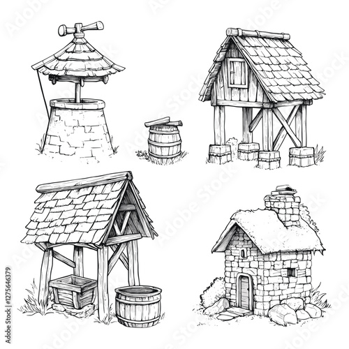 Sketches of Rustic Wooden Houses and Wells