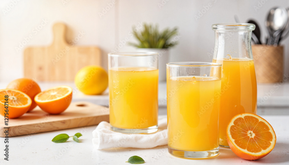 Refreshing citrus blend juice on kitchen counter, morning vitality Refreshing citrus blend juice on kitchen counter, morning vitality
