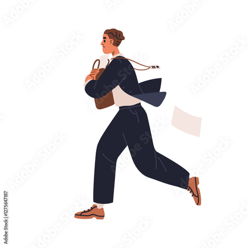 Busy employee running, hurrying. Stressed business man late, rushing to work, urgent deadlines. Manager leaving fast, escaping from office. Flat vector illustration isolated on white background